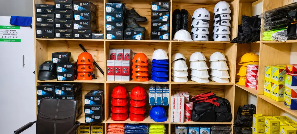 Inside Bansi Safety Gear shop showing safety equipment and PPE products for customers in Kenya